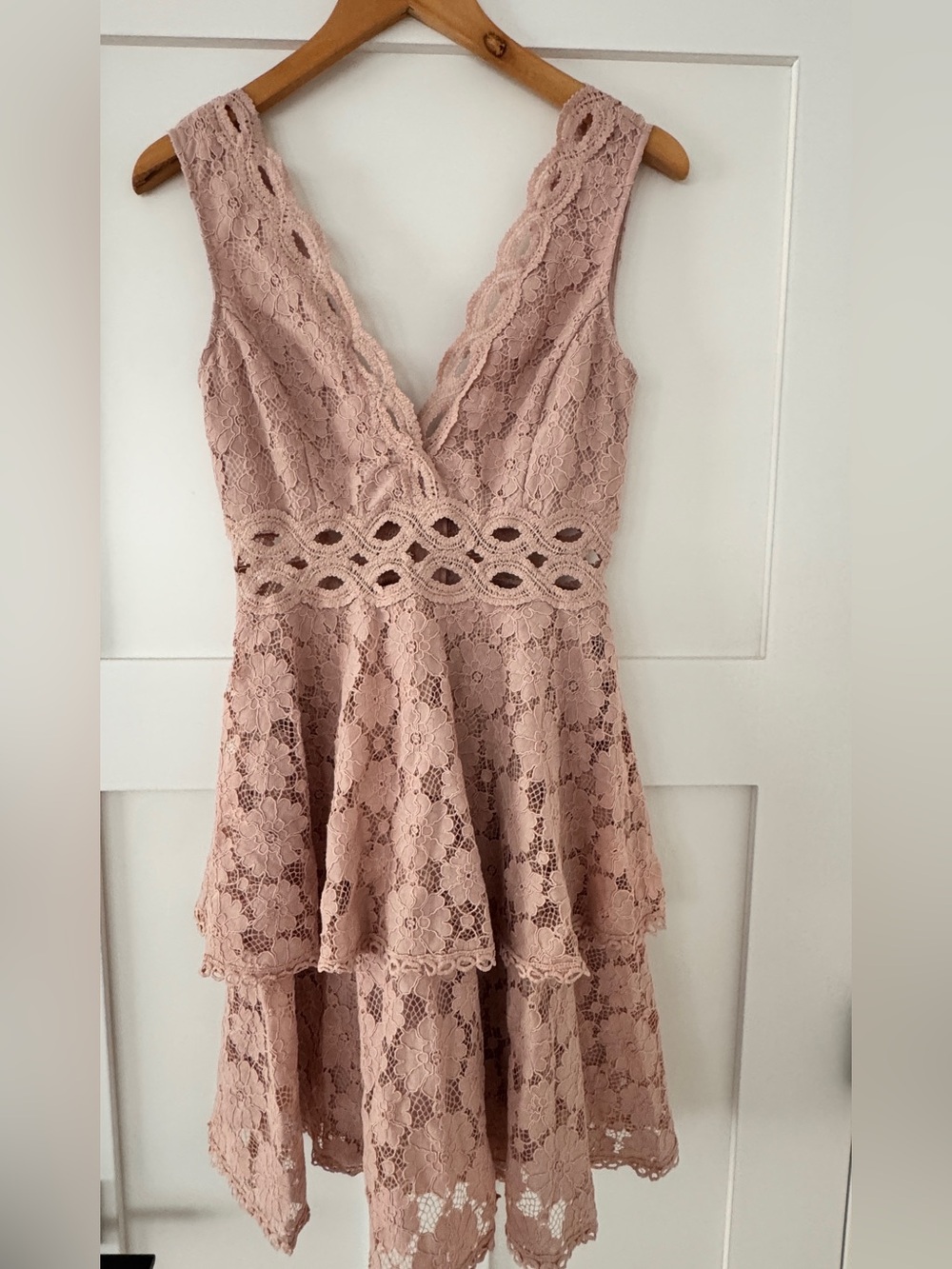 She + Sky Dusty Rose Lace Tiered V-Neck Dress